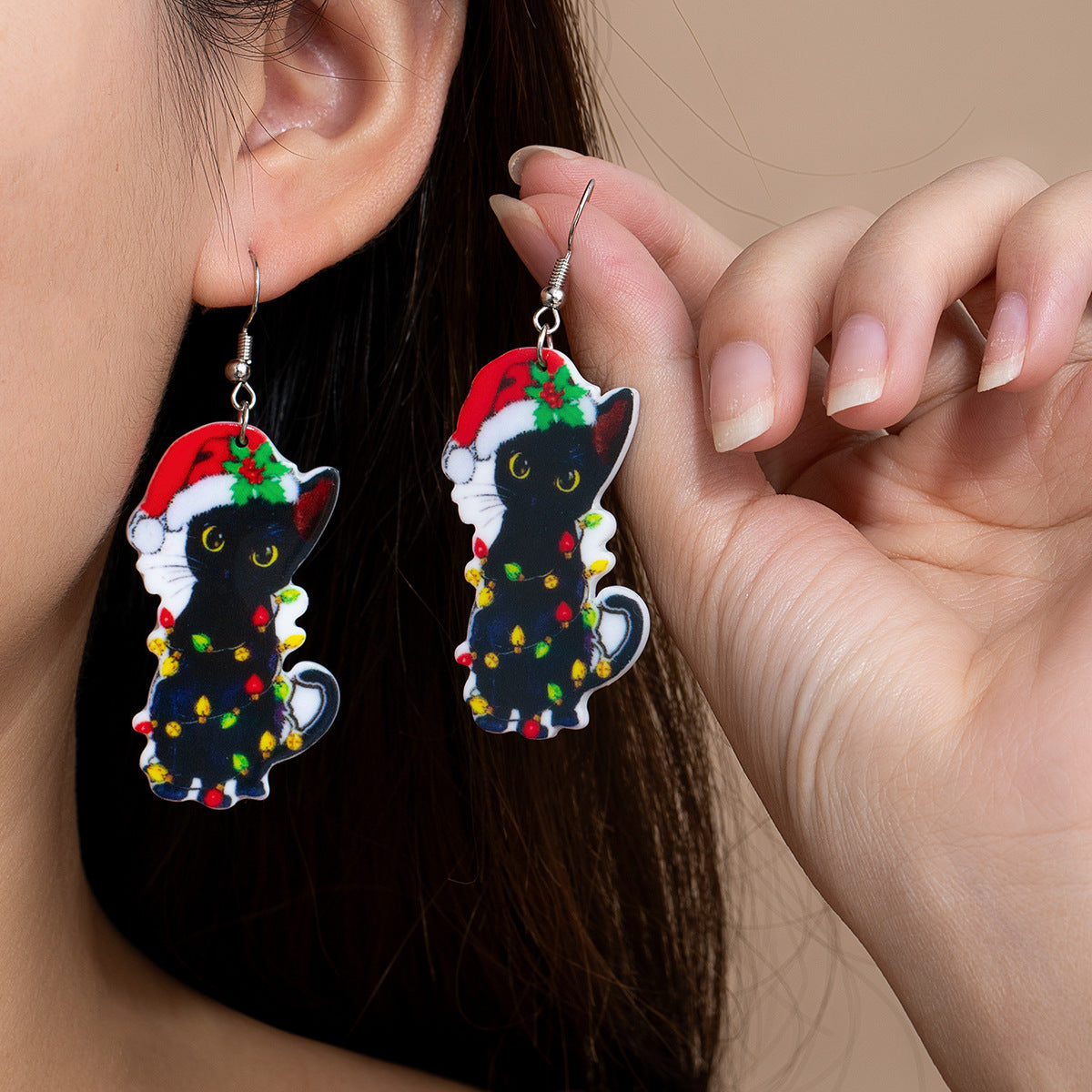 1 Pair Acrylic Christmas Earrings, Cute Cat Design, Unique Fashion Creative Statement Dangles