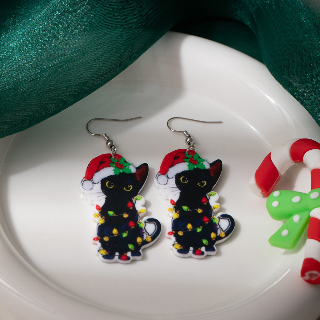 1 Pair Acrylic Christmas Earrings, Cute Cat Design, Unique Fashion Creative Statement Dangles