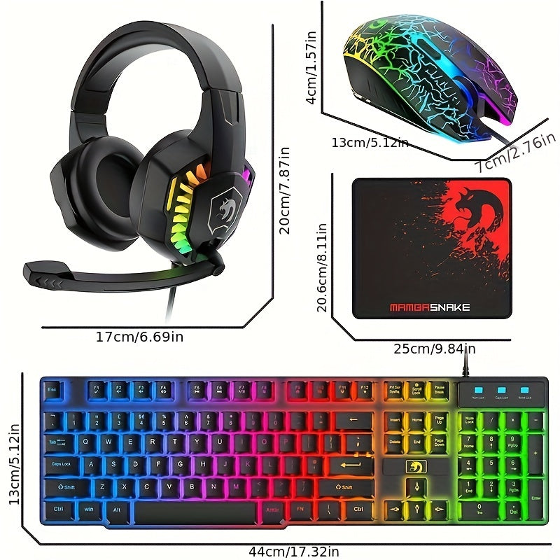5-in-1 Wired Gaming Keyboard and Mouse, Mouse Pad and Gaming Headset with G6L Control Adapter, Rainbow LED Backlit Keyboard, Over-Ear Headphones with Mic, Gaming Mouse, Mouse Pad for PC Gamers and Xbox and PS4