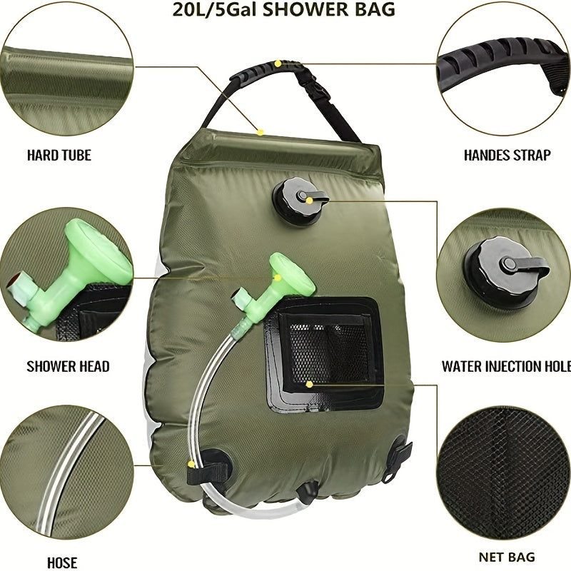 5 Gallon Solar-Powered Portable Shower Bag - Rapid Heating, Removable Hose & Adjustable Showerhead for Ultimate Outdoor Hygiene on Camping, Hiking, Beach Trips