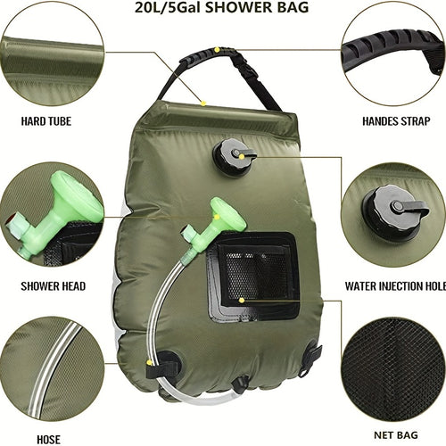 5 Gallon Solar-Powered Portable Shower Bag - Rapid Heating, Removable Hose & Adjustable Showerhead for Ultimate Outdoor Hygiene on Camping, Hiking, Beach Trips