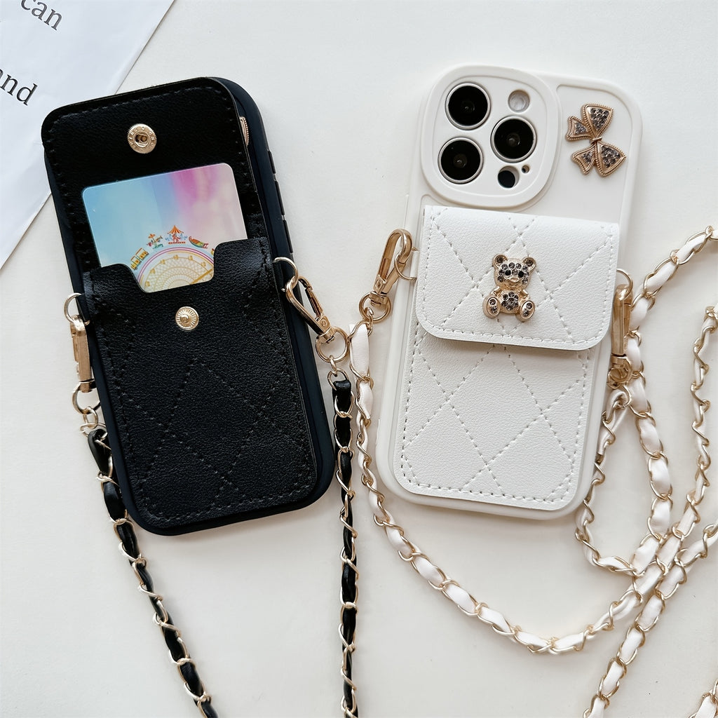 3D Cartoon Bear with Bowknot Mobile Phone Case, with Lanyard, Suitable for iPhone 16/15Promax/15/16plus/14 with Lanyard, Can be Carried Diagonally, 12/13promax Full Cover Soft Case 11 Protective Case Coin Wallet