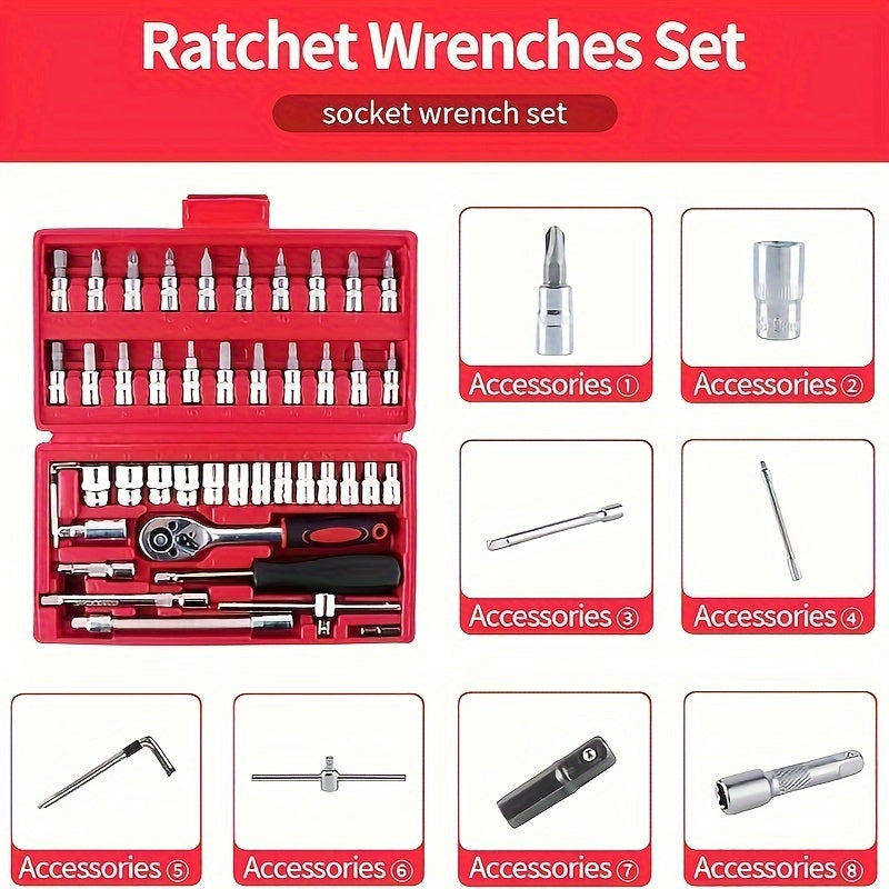 46-Piece Socket Wrench Set - Fast and Efficient, Compact and Portable, Perfect for Automotive Repair and Maintenance, Multi-Functional and Versatile Ratchet Screwdriver Combination Tool - Comprehensive and Complete Kit for Qu